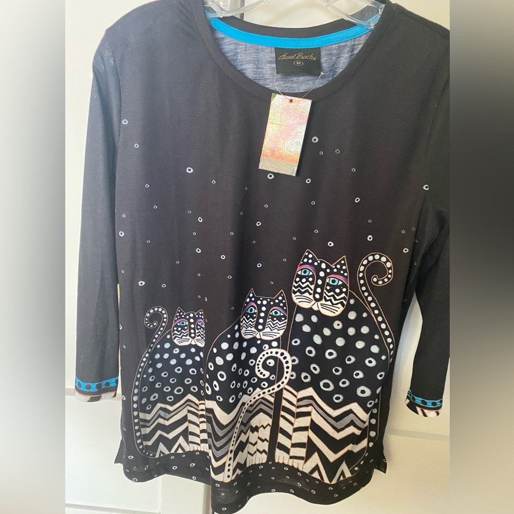 New with tags Laurel Burch T-Shirt black cats 3/4 sleeve